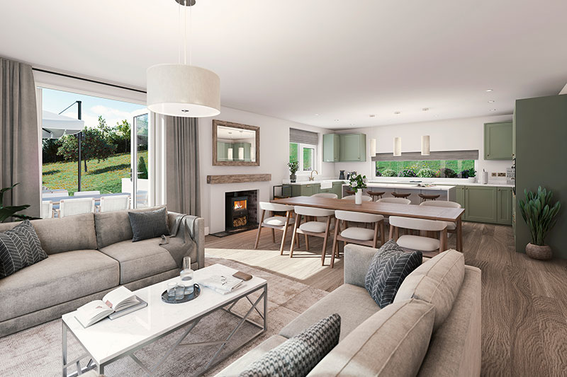 Open plan living room and kitchen